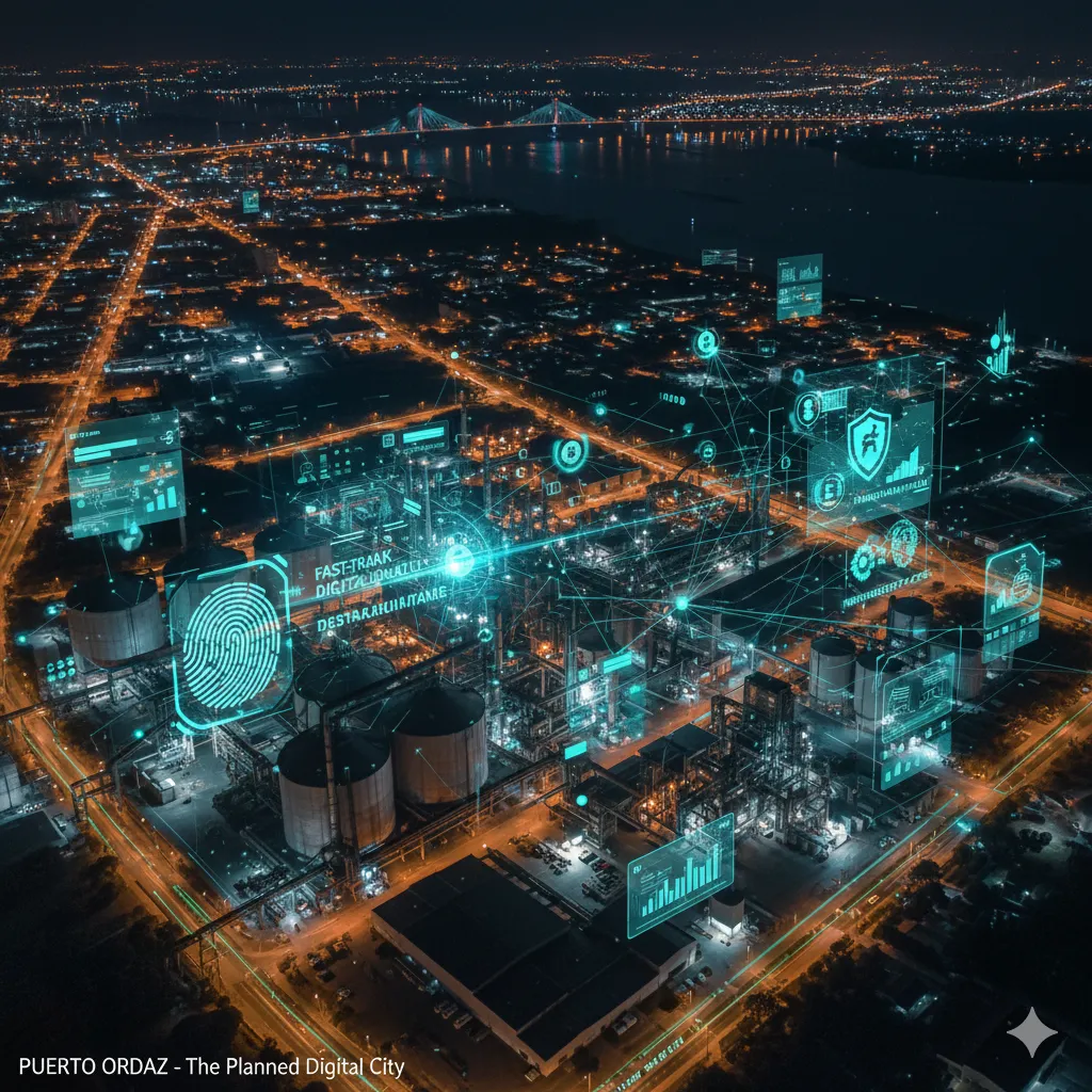 Modern Puerto Ordaz skyline blended with digital data overlays