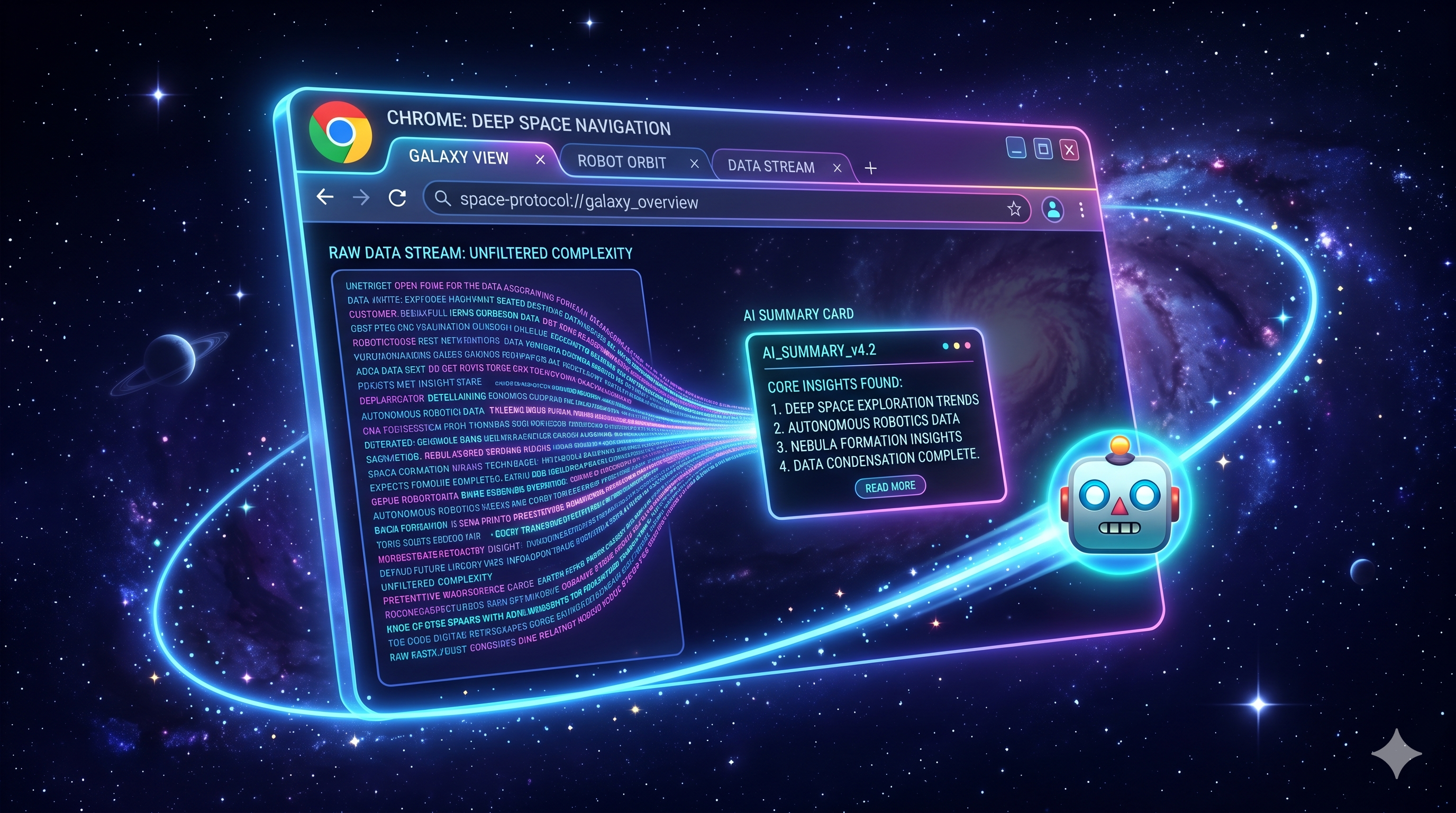 Chrome browser with a robot summarizing text on screen