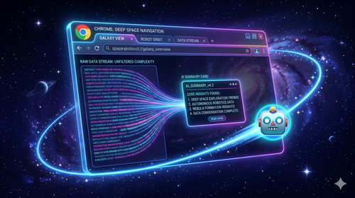 Navegador Chrome con un robot resumiendo texto en pantalla